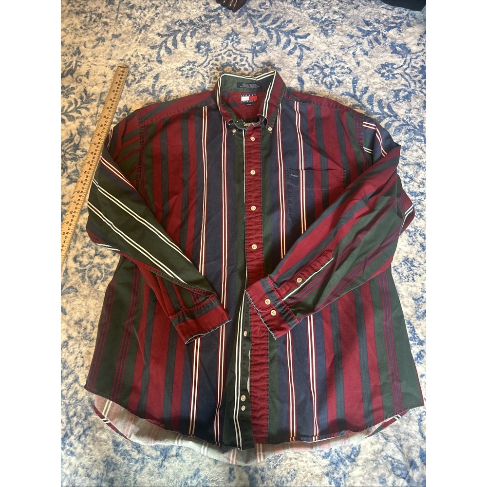 Vintage Tommy Hilfiger Striped Color Block Button Up Shirt Red White Green XL